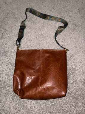 Brown Leather Crossbody Bag with Patterned Web Strap